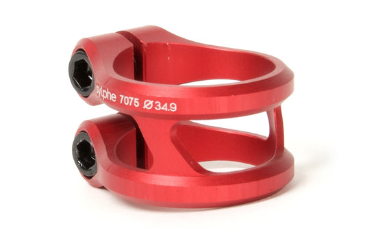 An Ethic DTC Sylphe 2 Bolt Oversized Stunt Scooter Clamp in red, featuring white text, adds flair to any stunt scooter.