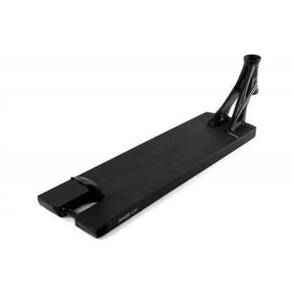 A black Ethic DTC Lindworm V4 stunt scooter deck measuring 5.9" x 22.8" rests on a plain white background. With its sleek, angular lines and minimalist design, it is ideal for street riders assembling a freestyle or trick scooter.