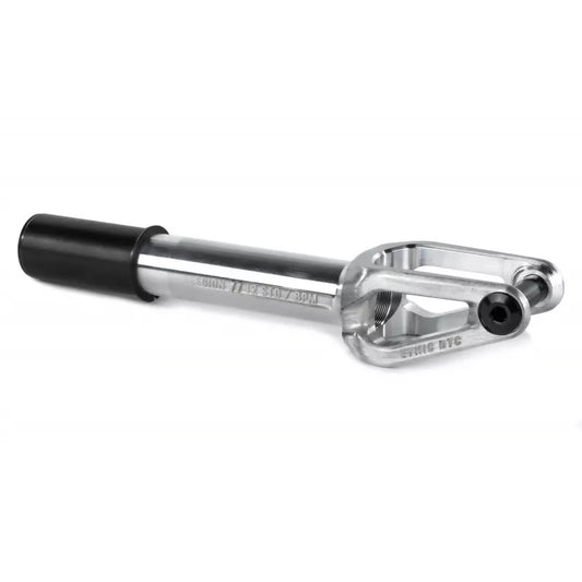 A silver adjustable torque arm, mirroring the precision of Ethic's Legion V2 IHC Stunt Scooter Forks in raw silver, features a black cylindrical end and a notched bracket opposite. The arm is engraved with specification markings to ensure optimal performance.