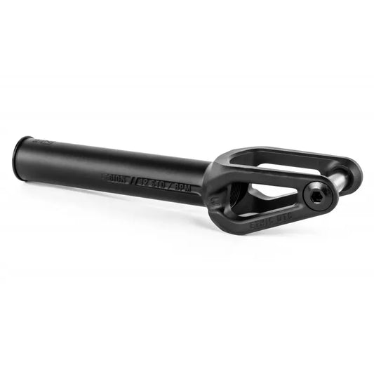 The Ethic Legion V2 SCS Stunt Scooter Forks - Black by Ethic feature a sleek design and smooth finish specifically crafted to fit 120mm wheels, thanks to their cylindrical tube and forked end. Perfect for riders looking for both style and performance, these forks support SCS compression for a seamless ride.