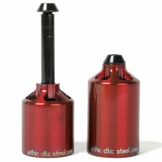 Two Ethic DTC Steel Stunt Scooter Pegs in red, crafted from hardened 4130 chromoly for enhanced durability in street riding, feature a glossy finish. One peg is displayed upright with an upward-extending bolt, while the other lies flat, highlighting the "ethic dtc steel peg" text at its base.