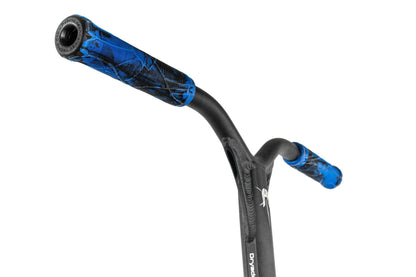 Close-up of the Ethic DTC Erawan V2 Complete Stunt Scooter in blue, showcasing its sleek, modern handlebar design with black and blue grips and an IHC compression system against a white background.