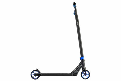 Introducing the Ethic DTC Erawan V2 Complete Stunt Scooter (M) - Blue, a sleekly designed scooter from Ethic that features striking blue wheels and handle grips. It's equipped with IHC compression to ensure smooth rides. The minimalist frame includes a foot brake on the rear wheel for safety, and its forward-angled handlebars provide optimal control.