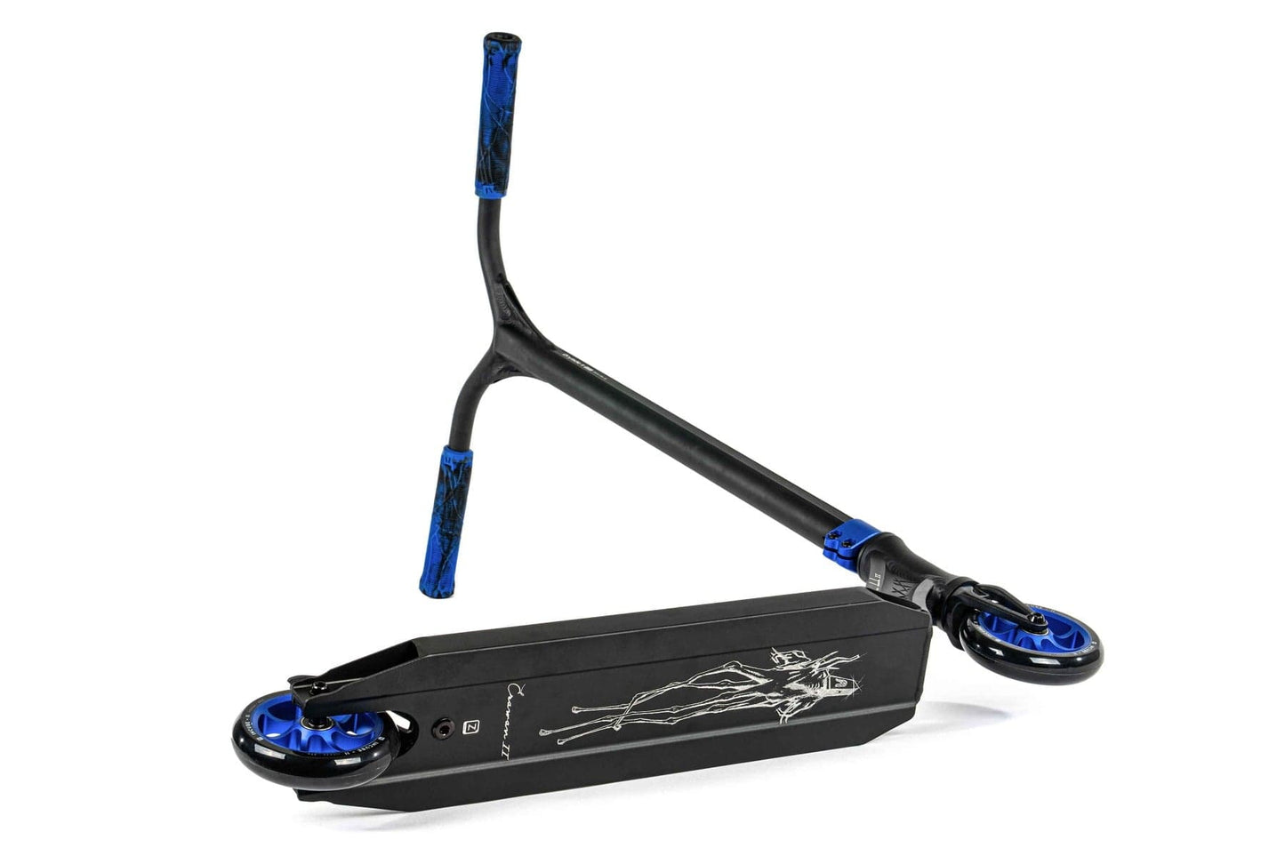 Introducing the Ethic DTC Erawan V2 Complete Stunt Scooter (M) - Blue from Ethic. This scooter features a striking black and blue design with a Y-shaped handlebar equipped with IHC compression. The deck is enhanced with an eye-catching graphic, while the wheels include captivating blue accents. Renowned for being one of the lightest scooters, it exhibits an impressive stance when positioned diagonally with its wheels elevated.