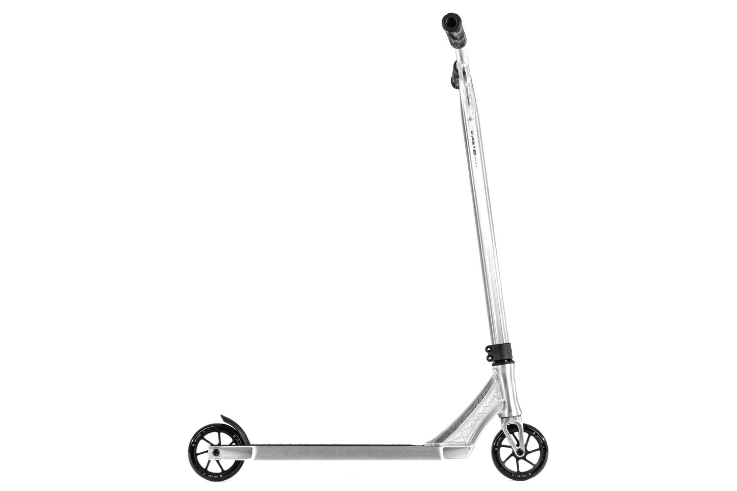 The Ethic DTC Erawan V2 Complete Stunt Scooter (M) in brushed silver is pictured from the side against a white background. It features an IHC compression system, two black wheels, a T-shaped handlebar, and a low deck.