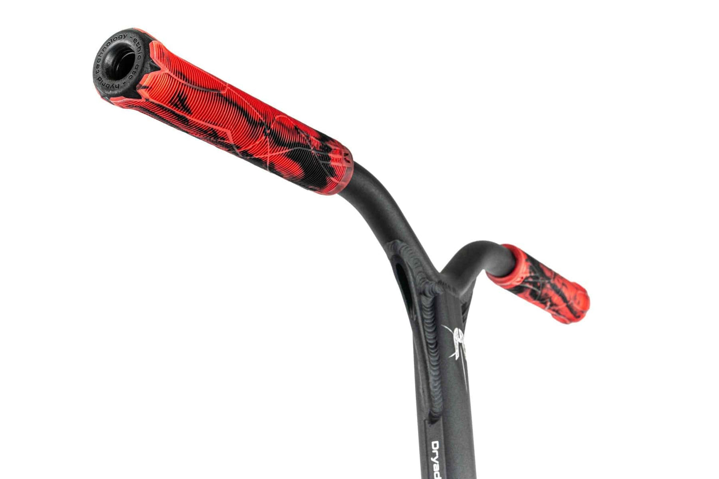 Close-up of an Ethic DTC Erawan V2 Complete Stunt Scooter handlebar, showcasing vibrant red and black grips. The sleek, modern design includes IHC compression and a prominent logo, embodying the pinnacle of contemporary scooting performance.