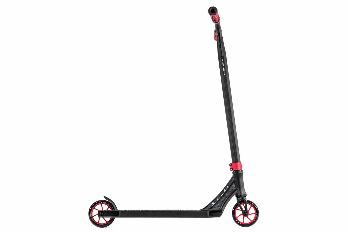 The Ethic DTC Erawan V2 Complete Stunt Scooter (M) - Red boasts a striking design with its red wheels and handlebars set against a white background. This stylish black scooter, equipped with IHC compression, delivers exceptional performance for adventurous riders.