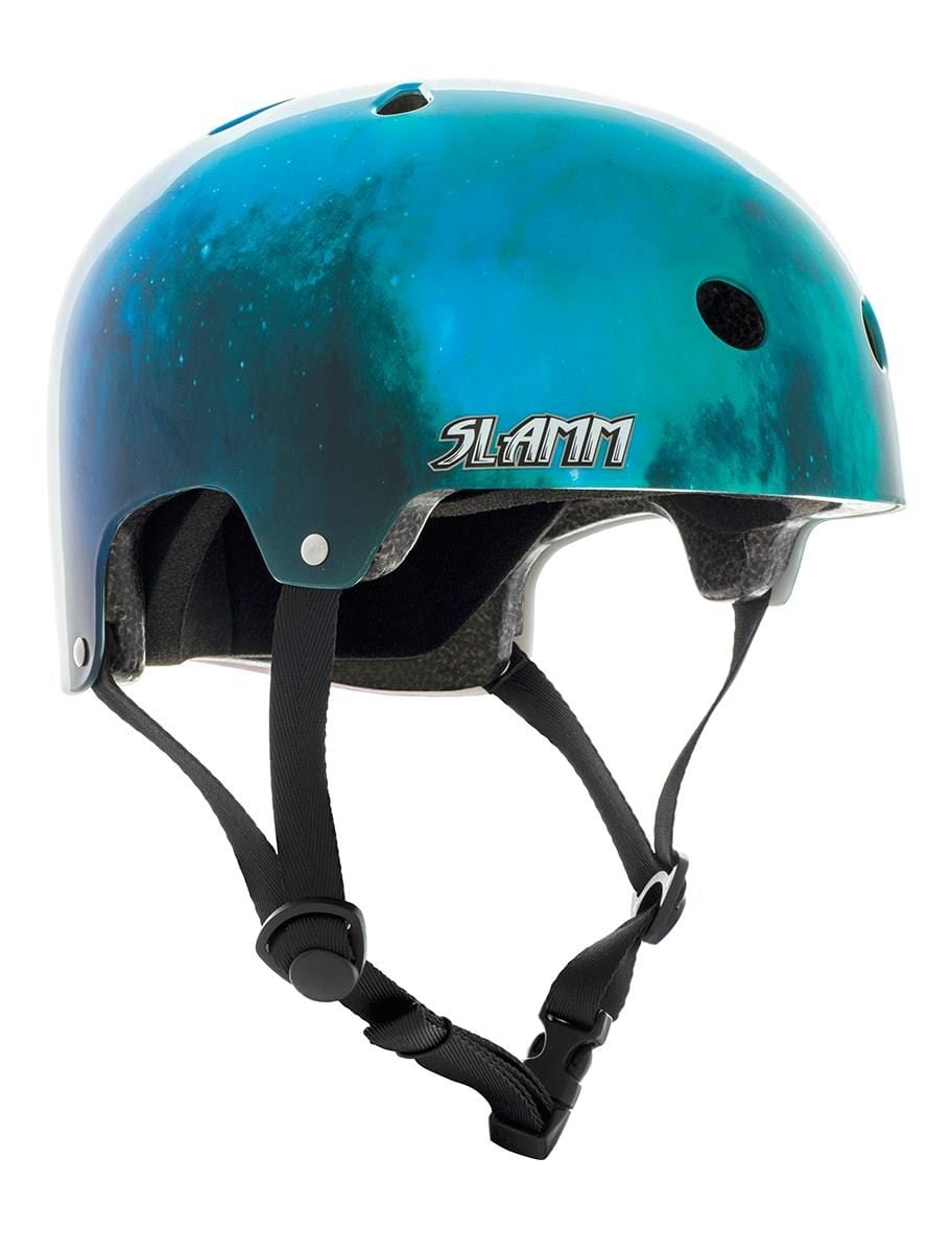 The Slamm Logo Skate / Scooter Helmet - Nebula, in a glossy blue and black design, prominently displays the bold Slamm logo on the side. Ideal for scooter riders, it complies with EN1078 safety standards and includes multiple ventilation holes along with an adjustable black chin strap for a secure fit.