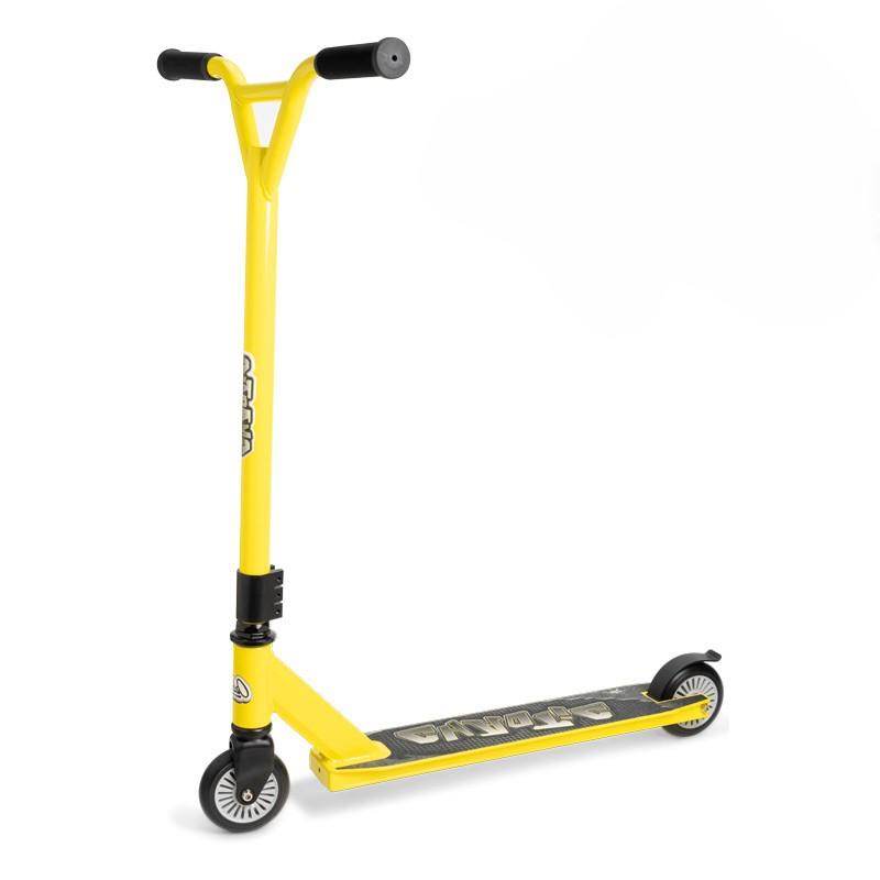 Introducing the Ozbozz Torq Chaotic Complete Stunt Scooter in striking yellow. This scooter features black handlebars and wheels, tailored for beginners with its sleek black and gray deck design, making it perfect for freestyle scootering. Made by the trusted brand Ozbozz, it's ideal for those new to stunt riding.