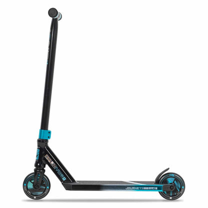 The Invert Supreme Journey 1+ Mini Jamie Hull Stunt Scooter, in Tri Electro Teal and Black, boasts a sleek design with a sturdy handlebar and high-quality wheels. Its deck, featuring the modern "Journey" label, is ideal for skatepark action and stands confidently upright against a white background.