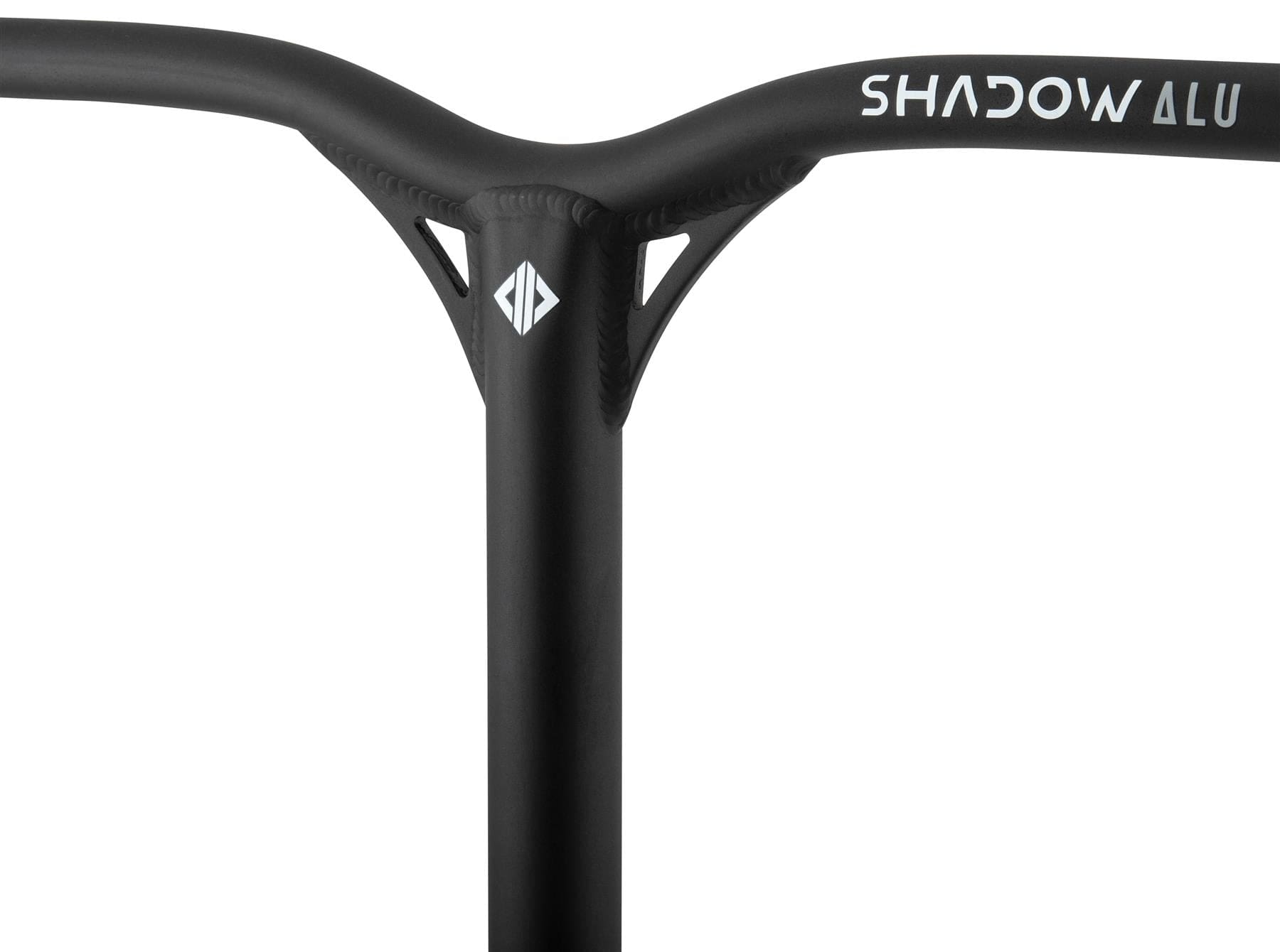 Close-up of a black scooter handlebar with the "Drone" logo. It features a geometric design and sleek matte finishes, using sturdy Drone Shadow 2 Aluminium IHC Stunt Scooter Bars made from heat-treated 6061 aluminium, measuring 610mm x 530mm.