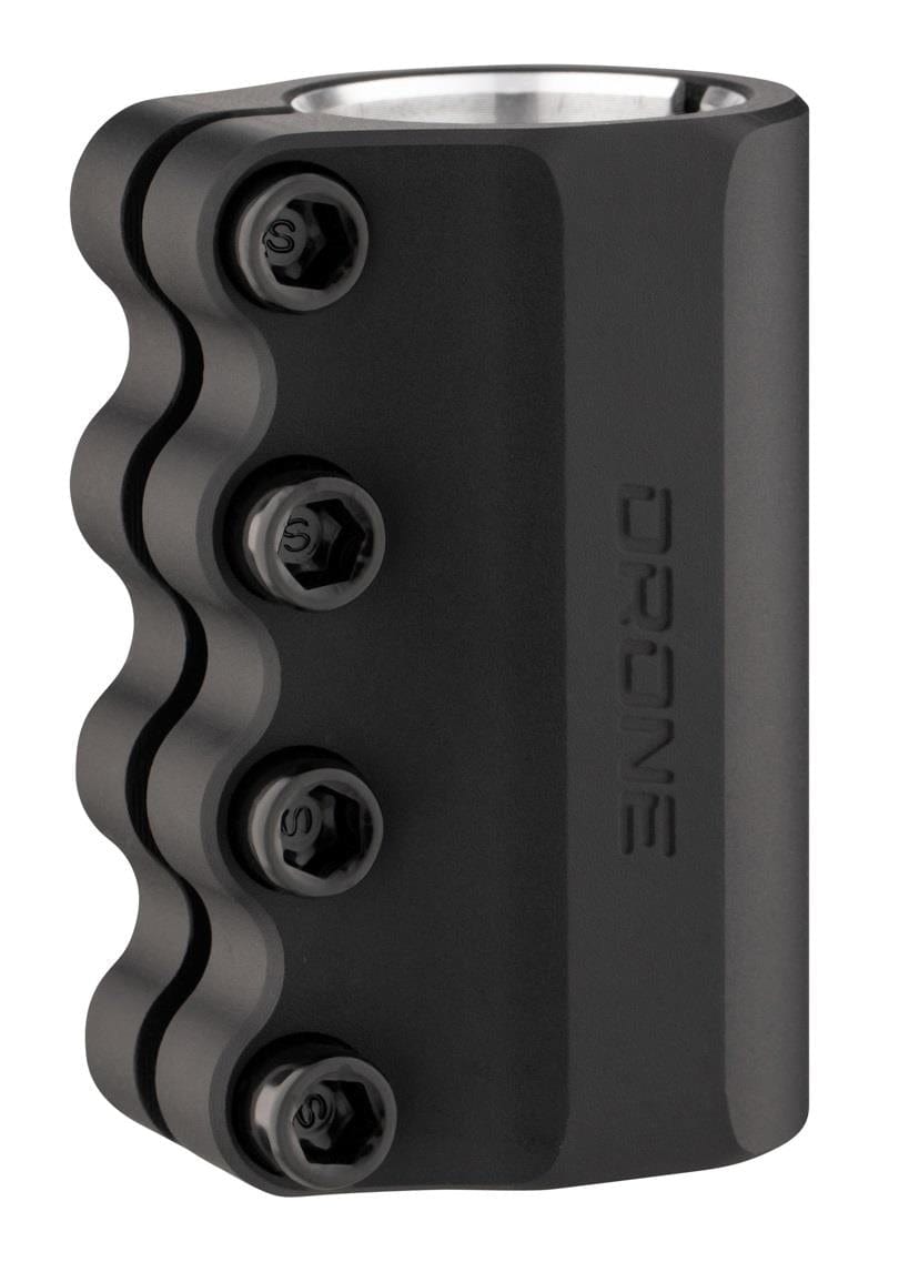 The Drone Contrast 3 4 Bolt Oversized SCS Stunt Scooter Clamp by Drone is made from high-performance 7075 aluminium, featuring a black design with a smooth wavy edge on one side, four hex bolts on the front, and "DRONE" engraved vertically to highlight its robust engineering.