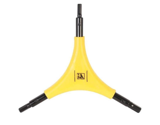 The UrbanArtt Allen Key Multi-Tool - Yellow is a Y-shaped device featuring three black hexagonal screwdriver ends, each labeled with a number, making it perfect for quick adjustments on your scooter.