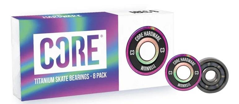 A box of the CORE Titanium Neochrome Skateboard Bearings - 8 Pack, showcasing its lightweight and eye-catching design, is accompanied by two anti-corrosive bearings placed beside it. The sleek and durable bearings prominently display the text "CORE HARDWARE" and "TITANIUM.