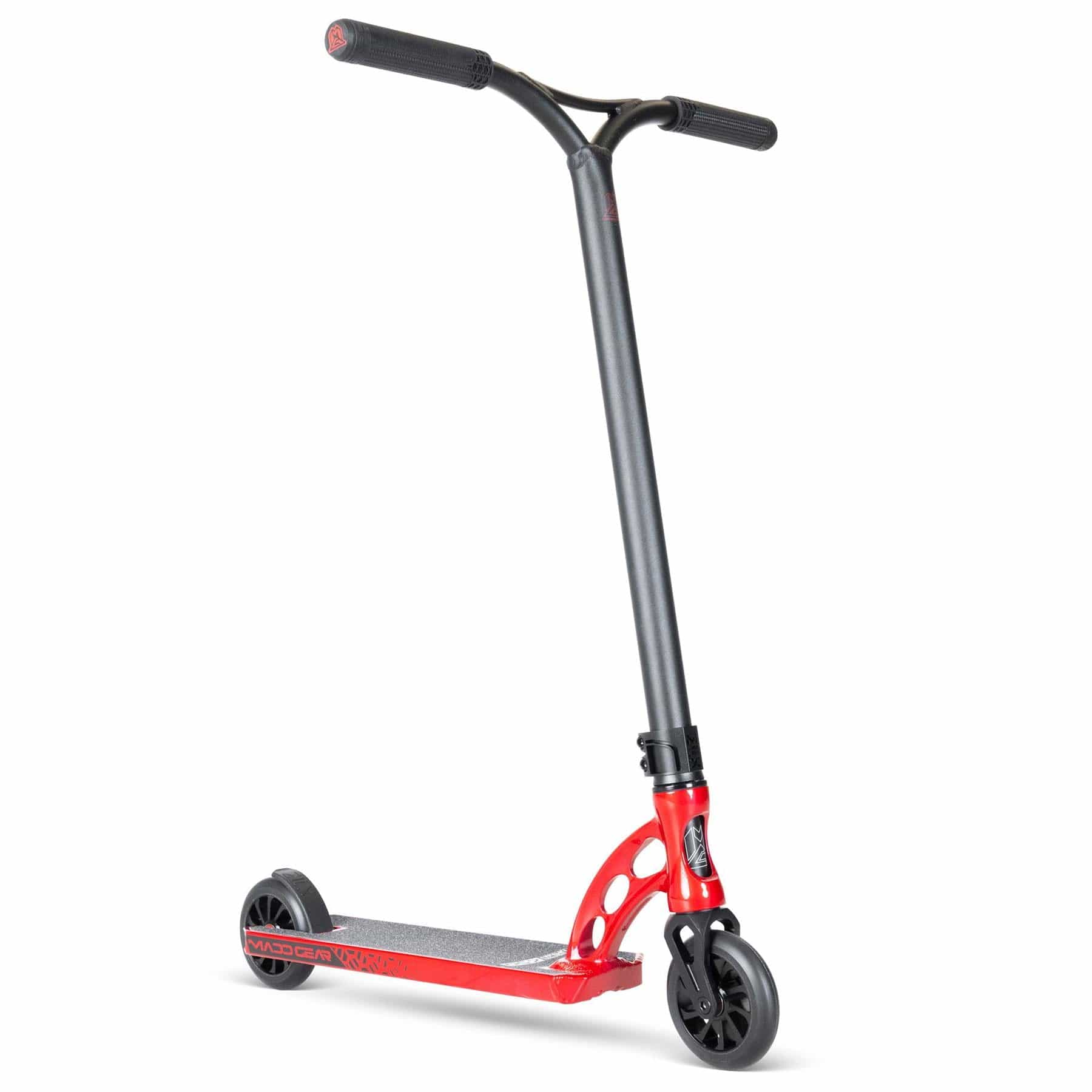 The MGP VX Origin III 450 - Blood Red, by Madd Gear, is a sleek stunt scooter designed for park riders. It features a sturdy handlebar with black grips and small wheels. The textured red deck provides excellent grip, ideal for executing tricks and stunts.