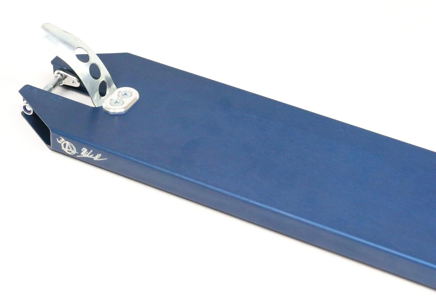 A close-up image of the Apex Pro Nils Qvarford Blue Signature Stunt Scooter Deck, measuring 5" x 19.3", showcasing its blue finish and a metal brake at the back. This lightweight Australian-made deck features logo details near the brake area, set against a plain white background.