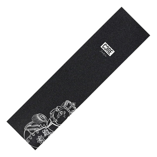 The CORE Signature Stunt Scooter Griptape - Halfbarz, available in black and adorned with a white illustration of a samurai including detailed armor and intricate patterns, provides the ultimate grip. The brand name "CORE" is elegantly printed near the top right corner, combining style with superior scooter skills performance.