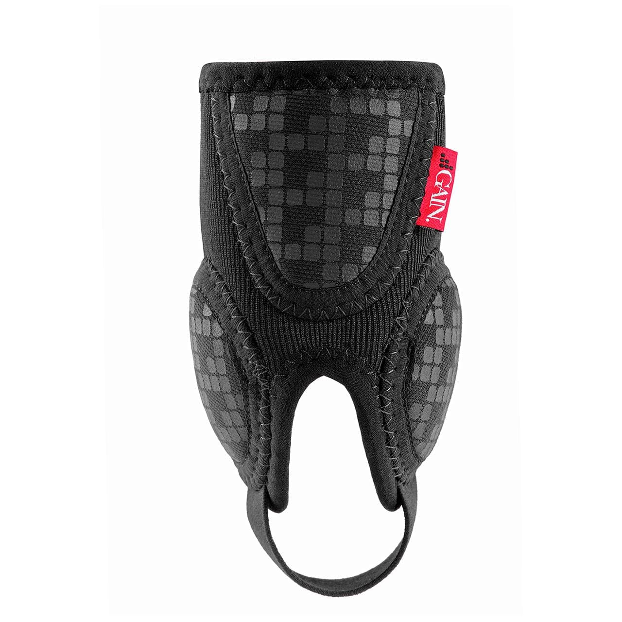 The GAIN Protection Pro Ankle Protectors in black, made from DuraTec neoprene, feature a patterned design and have a red fabric tag on the side. They include a curved top and bottom strap for advanced impact protection, making them ideal for wear on a limb.