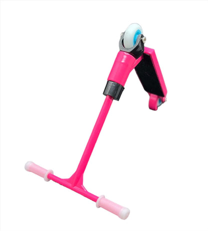 The Fingers Whips Finger Toy Scooter - Pink from Finger Whips showcases a mini scooter handle in pink and black with an attached front wheel, set against a white background. The T-shaped handlebars enhance its sleek design, while the wheel boasts a striking blue center. Ideal for enthusiasts of finger scooters or extreme sports toys!