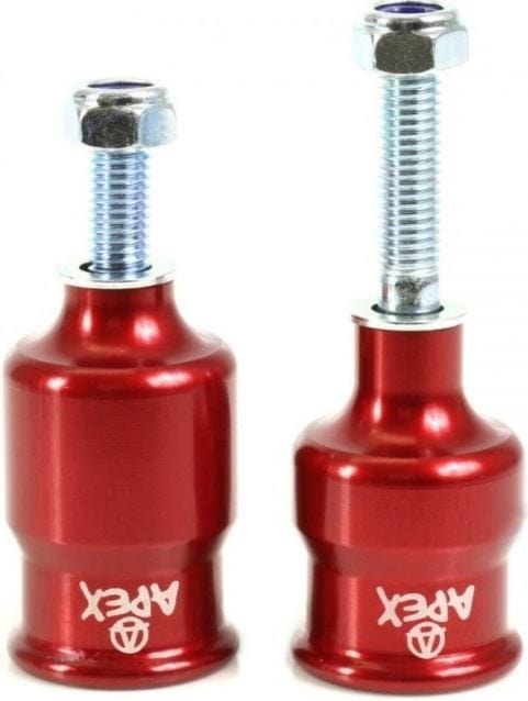 Two red metal spools featuring threaded bolts and branded with Apex, likely designed for use in machinery or skateboarding. These glossy-finished and compact products resemble aluminum pegs for rail control, suggesting their application in stunt scooter setups as the Apex Coopegs Stunt Scooter Pegs - Red.