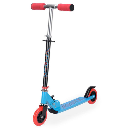 The Xootz Electron Foldable Kids Scooter - Blue is designed with adjustable handlebars and a lightweight frame. It showcases a vibrant design featuring a blue deck, red wheels, and grips. The silver handlebar stem is accented with black and red elements, and it includes a reliable rear brake for smooth stopping.