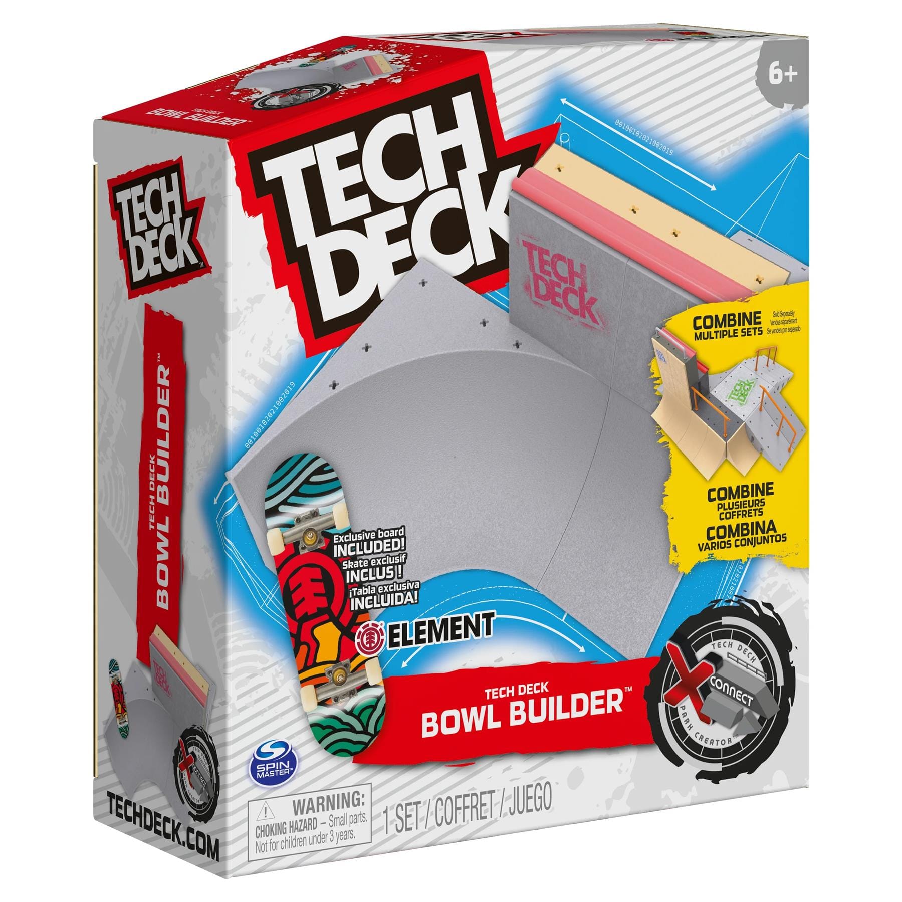 The Tech Deck X-Connect Park Starter Kit - Bowl Builder set includes miniature skateboard ramps for fingerboarding and features a small skateboard adorned with vibrant graphics. It is recommended for ages 6 and up.