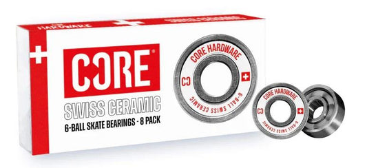 Image of the CORE Swiss Ceramic Skateboard Bearings package. The box, primarily white with red accents, prominently displays the CORE logo. In front of the package are two showcased ceramic bearings featuring red and white branding with "C3" text, highlighting their precision and durability for an optimal ride experience.