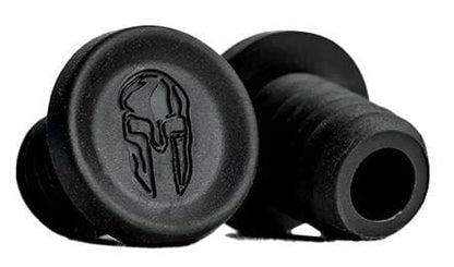 The Supremacy Maze Gum Stunt Scooter Grips - 180mm in black exude a sense of supremacy, featuring an embossed Spartan helmet design. One grip is upright, prominently displaying the design, while the other is positioned horizontally, highlighting its durable texture similar to those favored by professional riders.