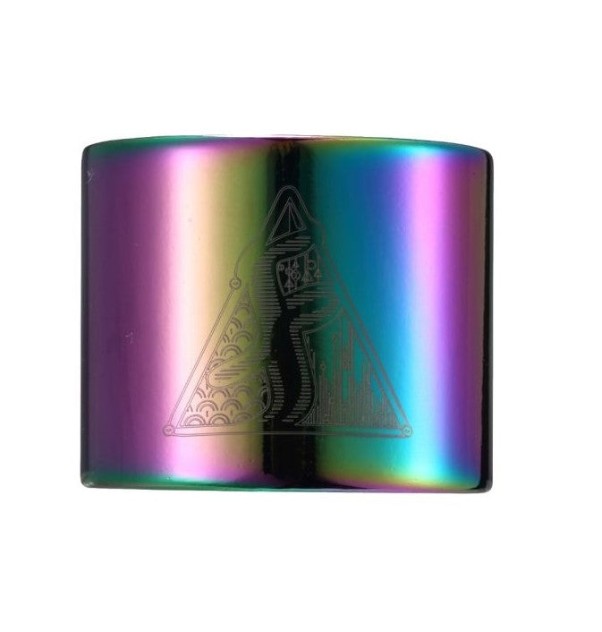 A multicolored reflective ring with an engraved triangle design features intricate patterns. The colors transition smoothly from purple to green, creating a holographic effect reminiscent of the Neochrome finish on the Fasen 2 Bolt Oversized Stunt Scooter Clamp.