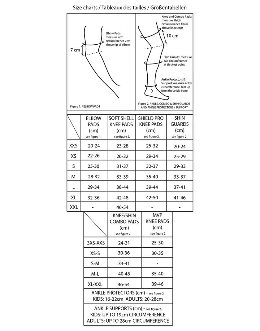 A size chart is available for GAIN protective gear, featuring the Stealth Shin Guard in black with KEVLAR and breathable neoprene elbow, knee, and shin pads ranging from sizes XXS to XL. The chart includes sizes for ankle protectors and combo pads, offering measurements in centimeters and inches for accurate fitting.