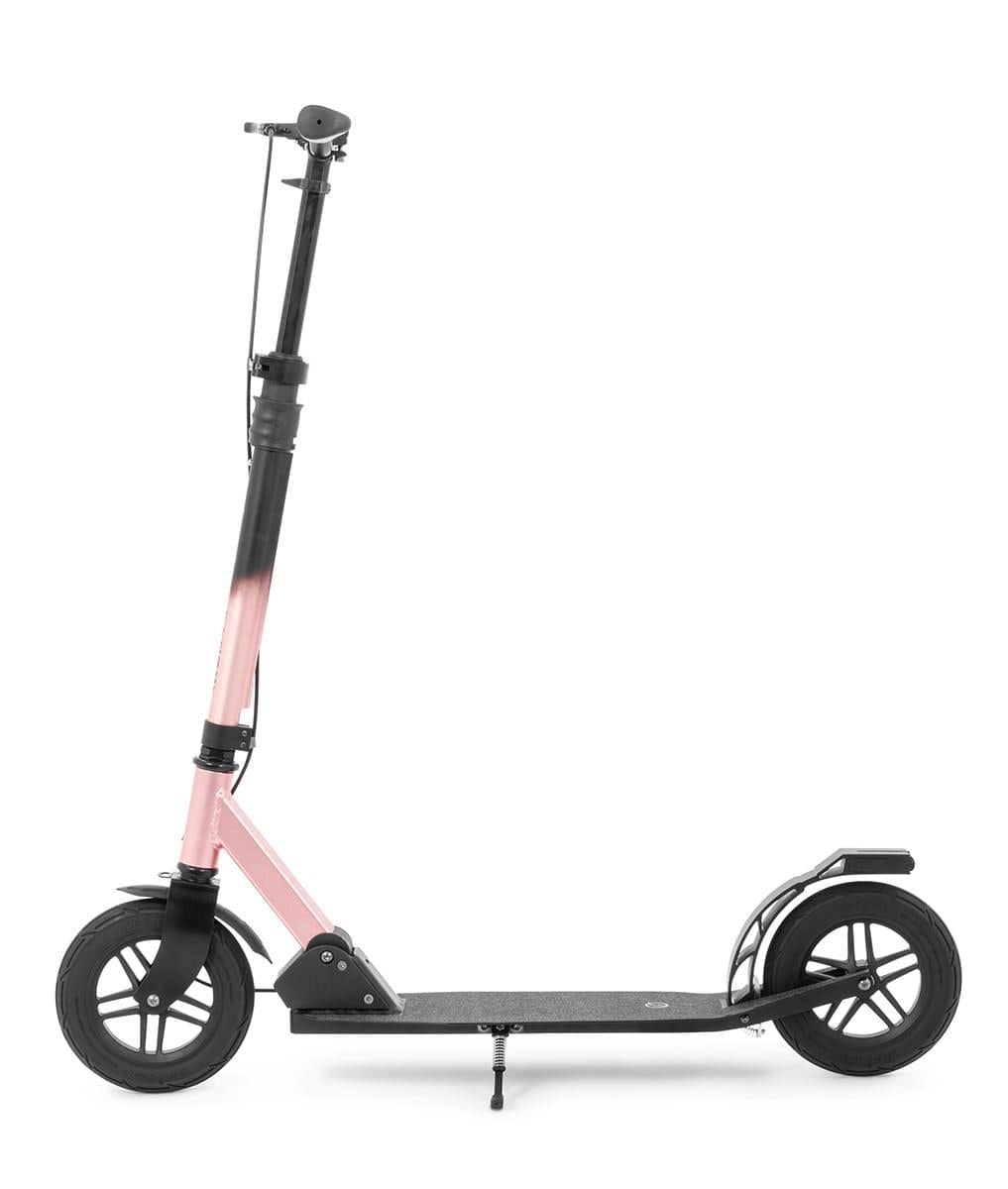 Introducing the Frenzy 205mm Air Zero Foldable Commuter Scooter in Black and Rose by Frenzy. This scooter features a sleek design with a pink and black color scheme, tubeless rubber tires for a smooth urban commute, and a sturdy deck. Equipped with large wheels and a kickstand, it's perfect for city travel.