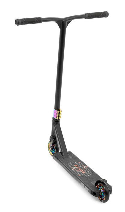 Introducing the Slamm Classic Complete Stunt Scooter - Neochrome by Slamm, designed for beginners with its T-bar handle and eye-catching neochrome wheel hubs featuring 110mm alloy wheels. The deck displays a striking geometric pattern, and the scooter is posed elegantly against a white background.