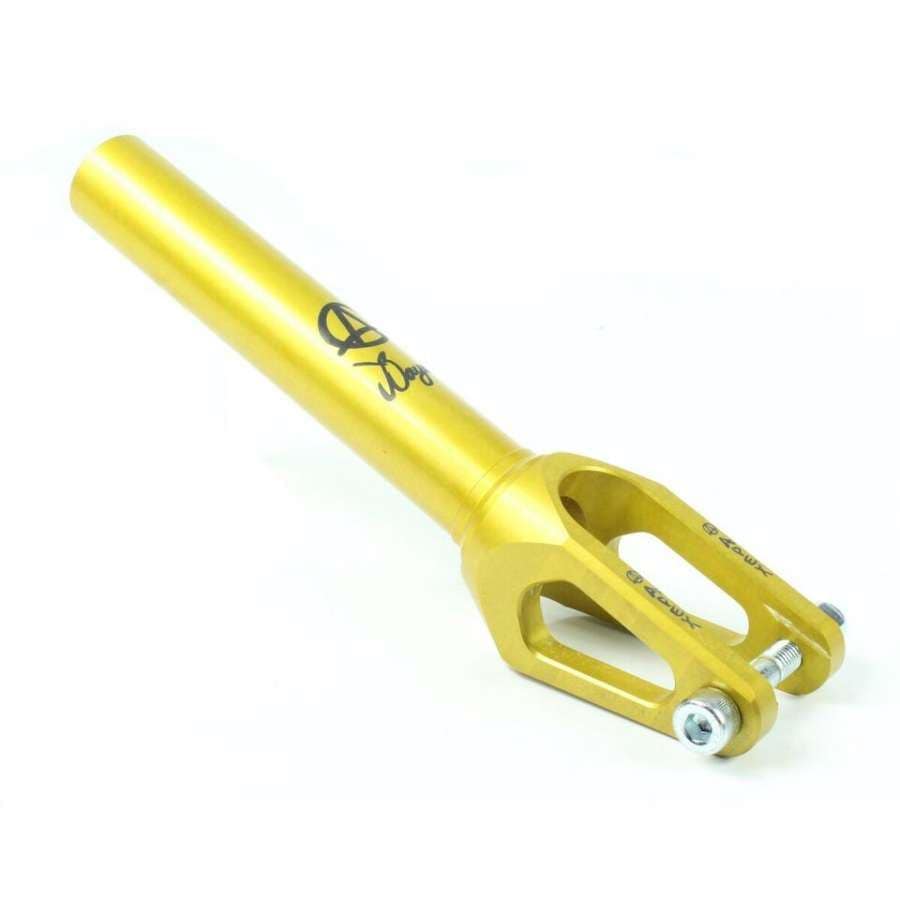 The Apex Sig Jesse Bayes Gold Quantum Threadless Scooter Fork boasts a sleek design in gold, complete with the brand's logo and two bolt attachment points. Perfect for scooter fork enthusiasts, this model embodies both style and durability.