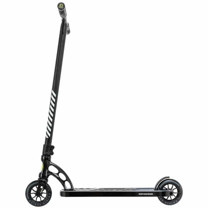 The Madd Gear MGP VX Origin Team Edition Complete Stunt Scooter in Chrome Black showcases a sleek, lightweight design with a long handlebar adorned with diagonal stripes and two small wheels. Its minimalist deck focuses on enhancing durable performance and agility, making it ideal for stunts.