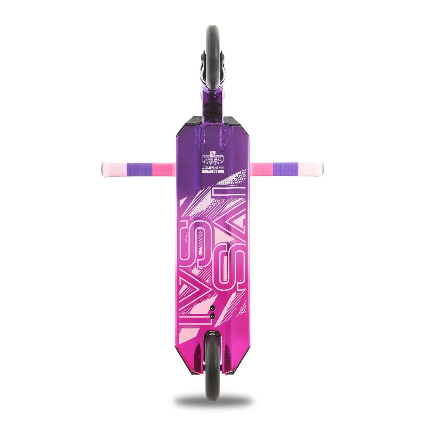 Bottom view of the Invert Supreme Journey 1+ Mini Jamie Hull Stunt Scooter in Tri Electro Pink and Purple, featuring white graphics, ideal for beginners. The handlebars extend on either side, and the wheels are positioned at the top and bottom of the image, ready to hit the skatepark.