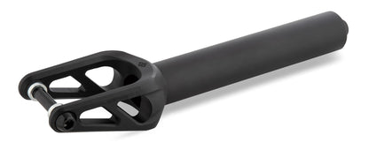 The Drone Majesty 4 SCS/HIC Stunt Scooter Fork by Drone is a black cylindrical fork with a sleek, modern design. Made from durable 7075 Series Aluminium, it features triangular cutouts and a bolt for compatibility with SCS Compression Systems, ideal for stunt scooter enthusiasts.