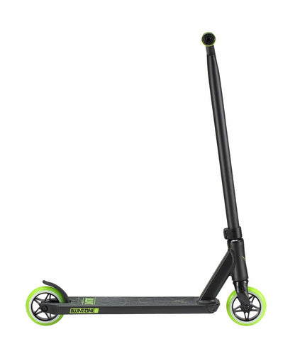 Introducing the Blunt Envy ONE S3 Complete Stunt Scooter in Lime, featuring a sleek black design with an extended handlebar and two vibrant neon green wheels. Its aluminum deck is adorned with a graphic design, showcasing durable pro scooter parts for a modern and streamlined style. The scooter is displayed against a plain white background.