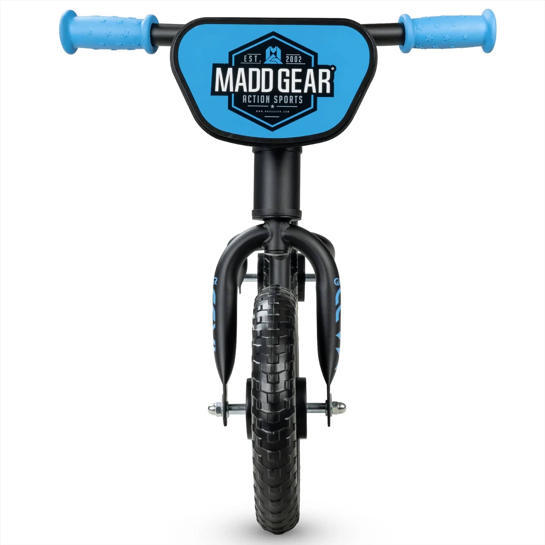 The Madd Gear My 1st BMX Balance Bike in black and blue is displayed from the front. It includes an adjustable seat, airless tires, blue handlebars, and a front plate branded with "Madd Gear Action Sports".