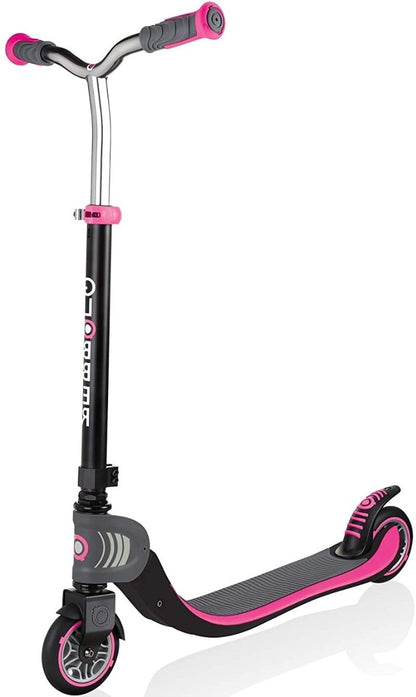 The Globber Flow 125 Foldable Kids Scooter, offered in a chic black and pink color scheme, features ergonomic and adjustable handlebars along with a streamlined deck. The scooter stands upright, highlighting its modern design and vivid color contrast. Its convenient foldable frame is complemented by a 360° front wheel spin for enhanced agility on the move.