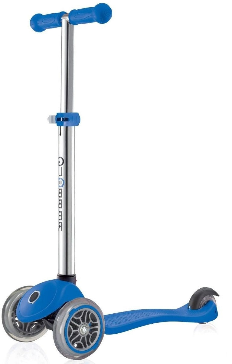 The Globber Primo Junior Kids Tri-Scooter in Navy Blue, by the brand Globber, showcases a three-wheeled design with a T-shaped handlebar. It features a blue deck and handle grips, complemented by metallic silver accents. The scooter also includes adjustable handlebars to provide comfort for children of various heights.