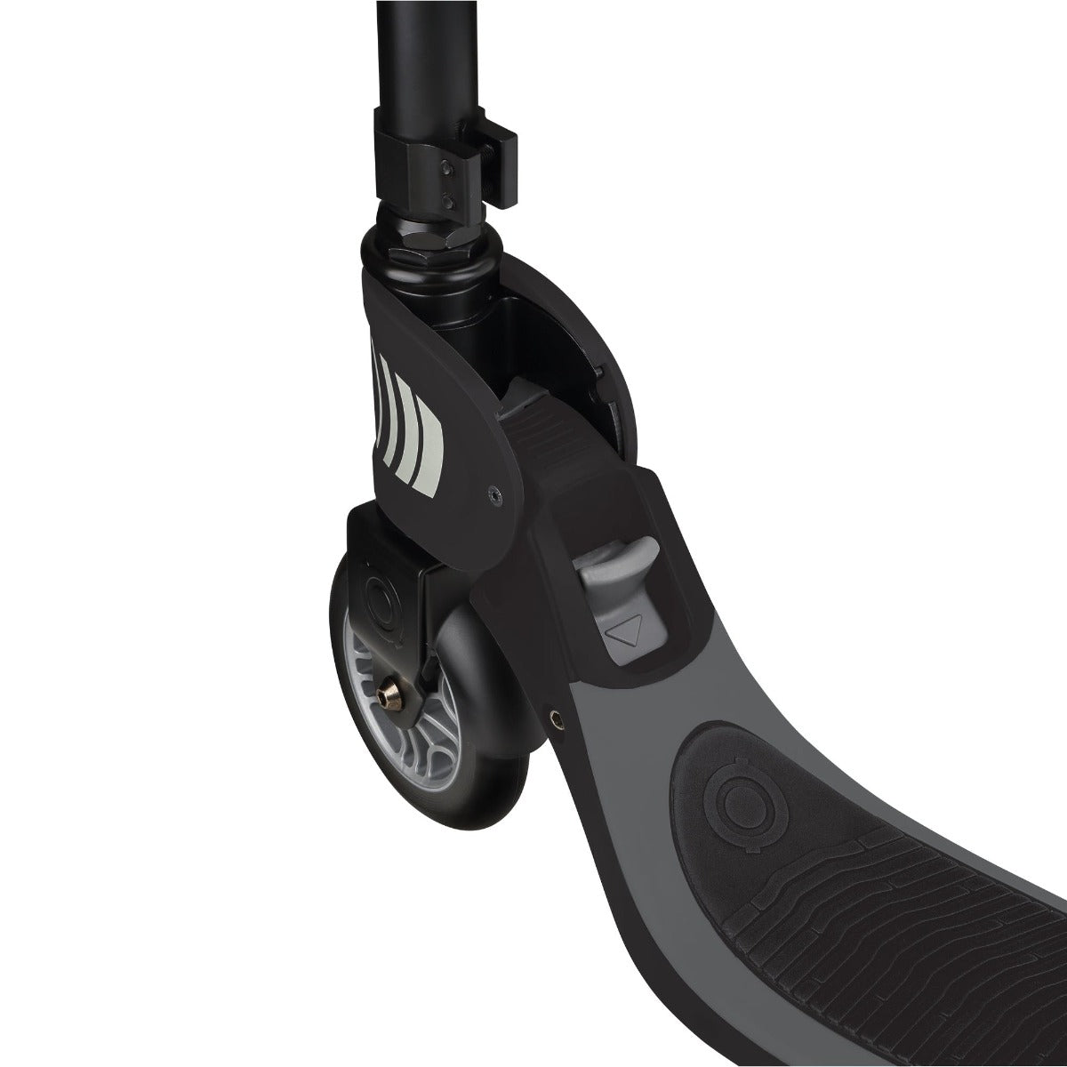 The image showcases a close-up of the deck and front wheel of a Globber Flow 125 Foldable Kids Scooter, displaying its sleek black and gray color scheme. It features a textured footboard and a small kickstand near the wheel. Part of the handlebar stem is visible, highlighting its adjustable T-bar design for added convenience.