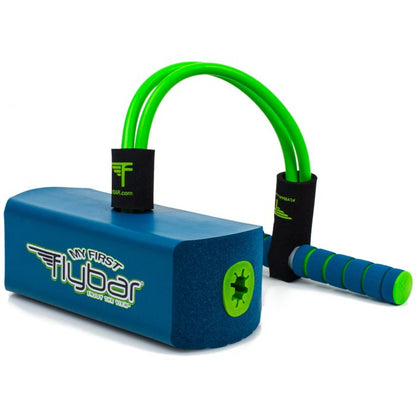 The Flybar My First Foam Pogo Jumper in blue and green is an excellent toy for children, offering endless entertainment. It boasts a durable blue foam base with green handles, linked by an elastic bungee cord, ensuring kids can bounce around safely.