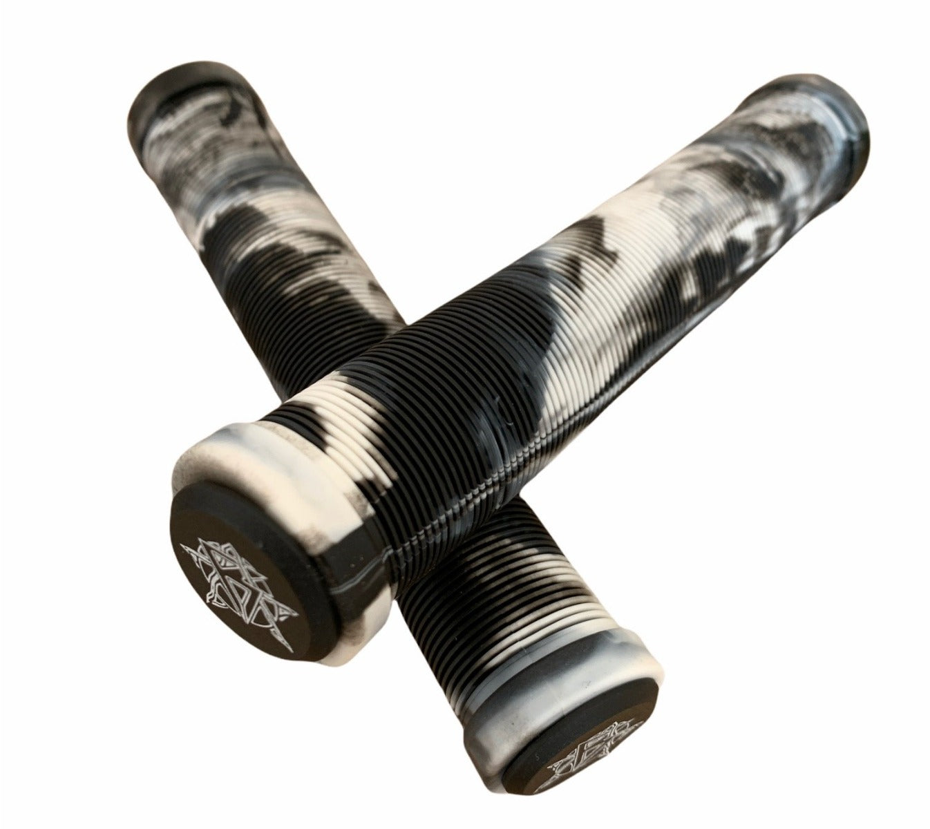 Experience a game-changing ride with the Revolution Fused Black / White Stunt Scooter Grips - 172mm. These durable grips, crafted from high-quality TPR material, feature an intricate blend of smooth and ribbed textures that intertwine beautifully. The black and white design includes end caps adorned with the sleek Revolution logo, making them perfect for both bicycle and stunt scooter enthusiasts.