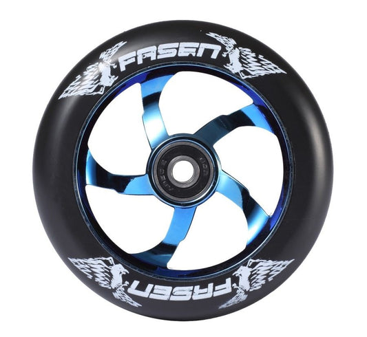 The Fasen Raven 110mm Stunt Scooter Wheel, featuring a black tire with white eagle graphics and the word "Fasen" printed twice, showcases an aluminum core and a metallic blue hub with five spokes. It also includes ABEC 9 bearings for precision.