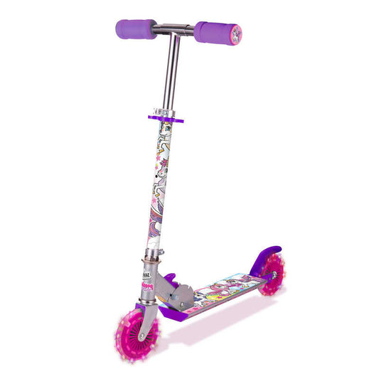 Introducing the Ozbozz Unicorn Dreamland Light Up Foldable Kids Scooter in Purple/Pink, featuring vibrant light-up wheels and purple handles. This delightful scooter for kids showcases a frame embellished with multicolored designs of cartoon characters and enchanting patterns, ensuring joy with every ride.