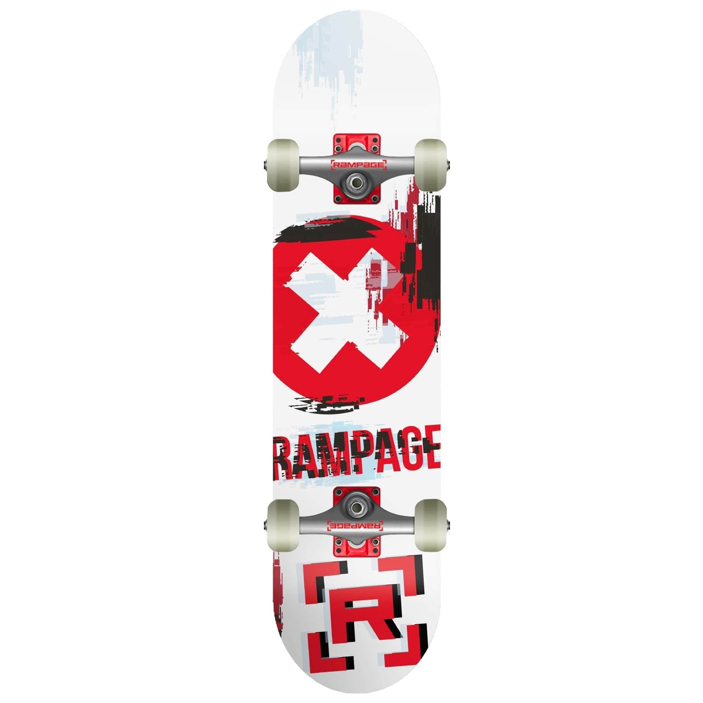 The Rampage Glitch Delete Complete Skateboard - 8" x 31" is ideal for beginners, featuring a sturdy 7-Ply Chinese Maple deck adorned with a striking white and red graphic that prominently showcases "RAMPAGE." It's equipped with sleek white wheels and durable silver trucks, making it perfect for mastering the basics in style.