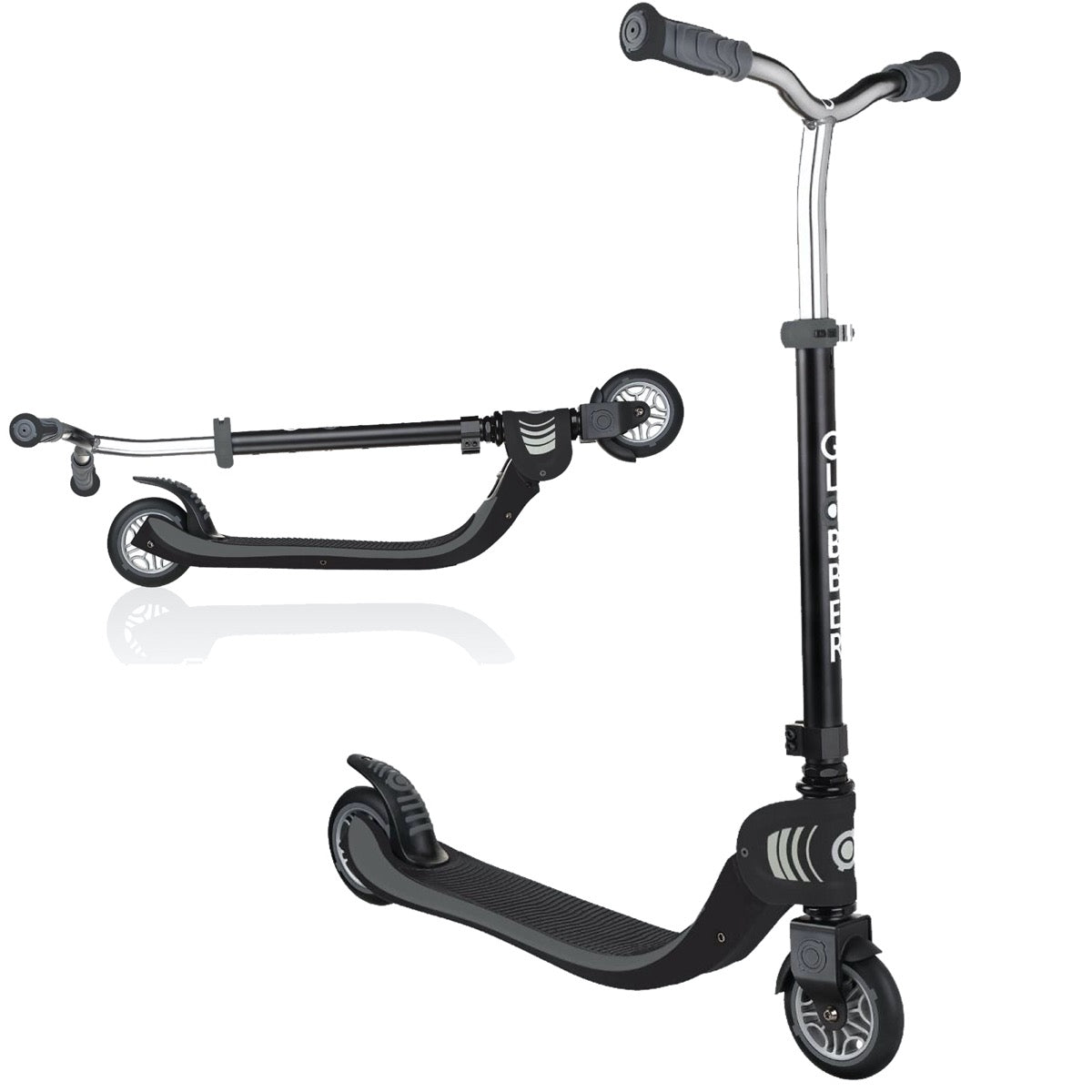 The Globber Flow 125 Foldable Kids Scooter in black and grey is pictured both folded and unfolded. It boasts a sleek design with an adjustable T-bar and two wheels, prominently showcasing the brand name "Globber" on the stem.