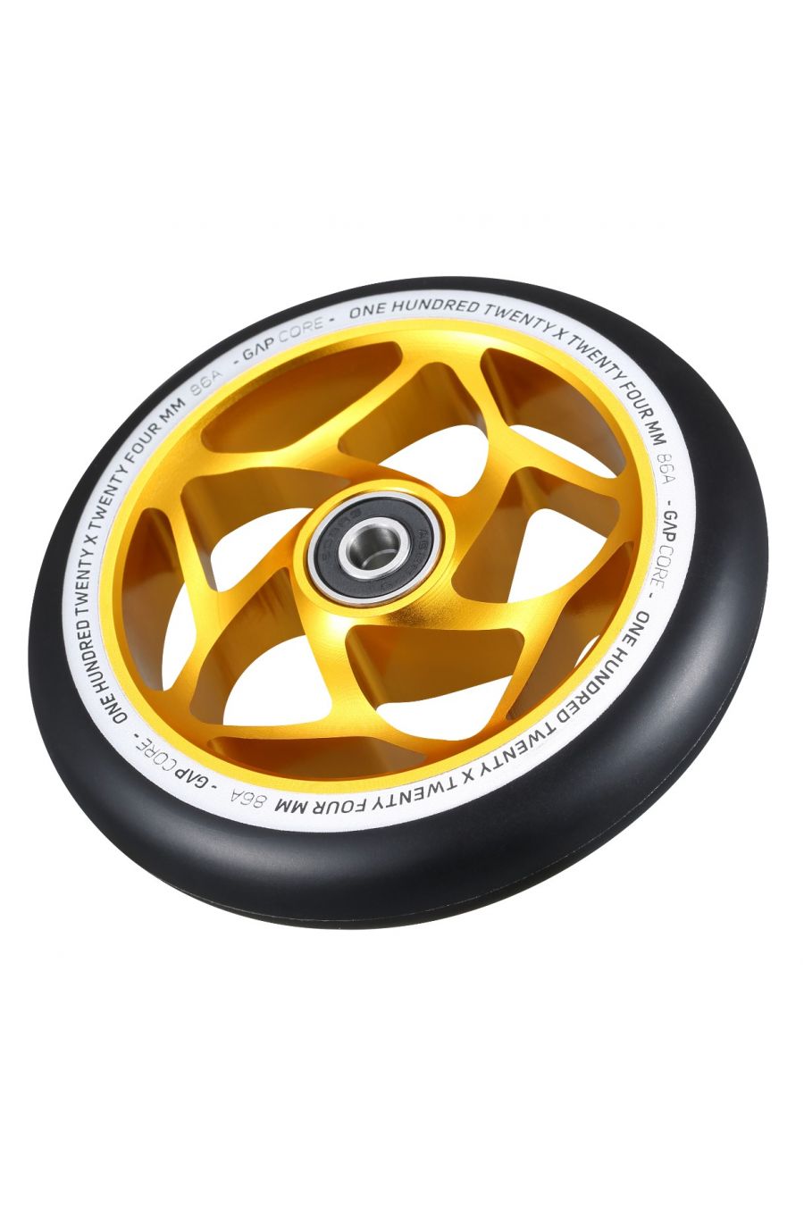 A close-up of the Blunt Envy 120mm GAP Core Stunt Scooter Wheel in Gold and Black reveals its striking geometric spoke design. The tire displays white text around the rim and includes a central bearing, making it an ideal choice for stunt scooter enthusiasts. Set against a plain white backdrop, the wheel's sleek and bold appearance is emphasized.