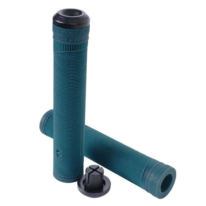 A pair of UrbanArtt Arctic Blue Stunt Scooter Grips, each measuring 170mm and showcasing a ribbed wave design, are positioned upright with one leaning against the other. Positioned in front is a black bar end cap, drawing attention to their robust construction designed for optimal performance on stunt scooters.