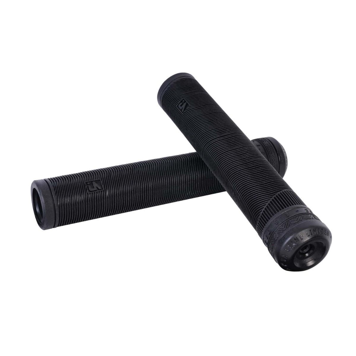 Two UrbanArtt Black Stunt Scooter Grips, measuring 170mm and featuring a sleek ribbed design, are crossed over each other against a white background. These grips have a textured surface with subtle branding details near the bar ends.